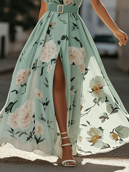 Julie | Hellgrünes Chiffon-Maxikleid mit Blumenmuster und einseitigem Schulterdesign