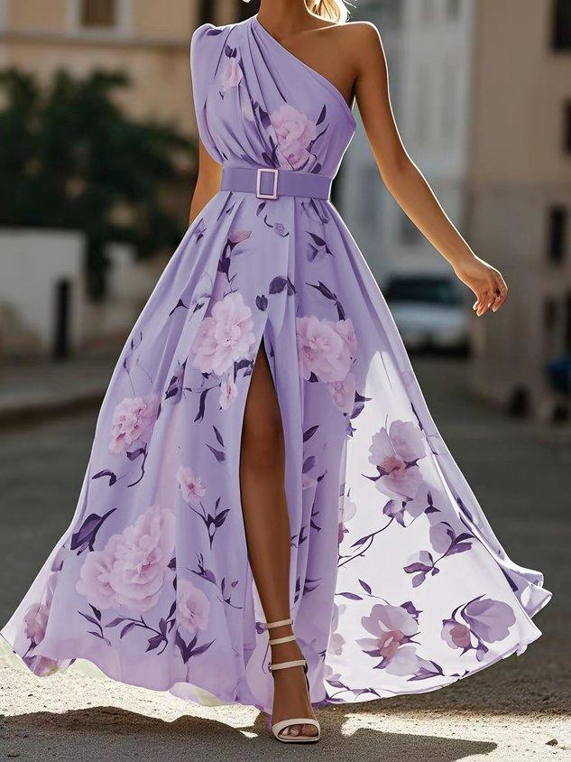 Julie | Hellgrünes Chiffon-Maxikleid mit Blumenmuster und einseitigem Schulterdesign