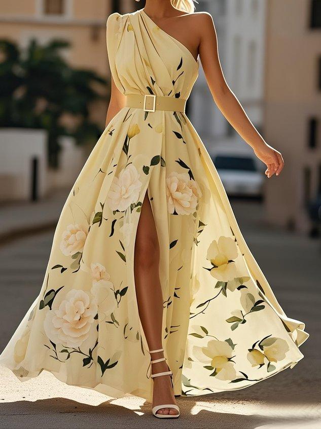 Julie | Hellgrünes Chiffon-Maxikleid mit Blumenmuster und einseitigem Schulterdesign