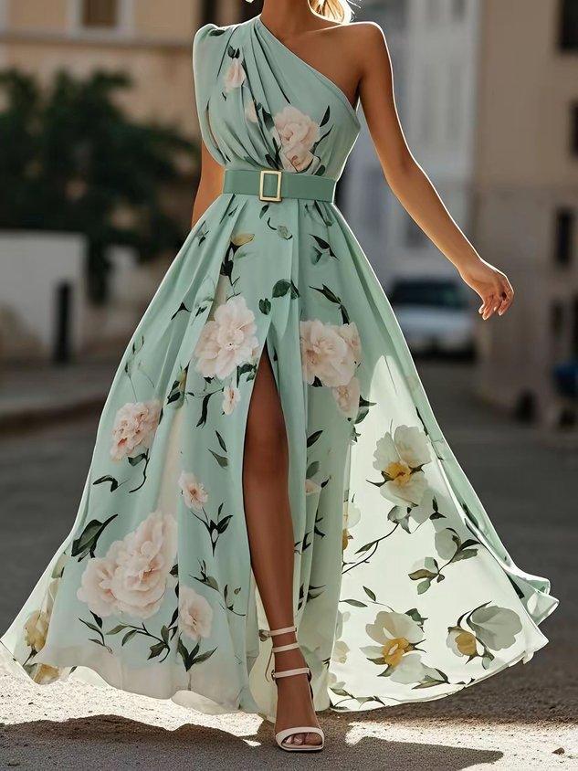 Julie | Hellgrünes Chiffon-Maxikleid mit Blumenmuster und einseitigem Schulterdesign