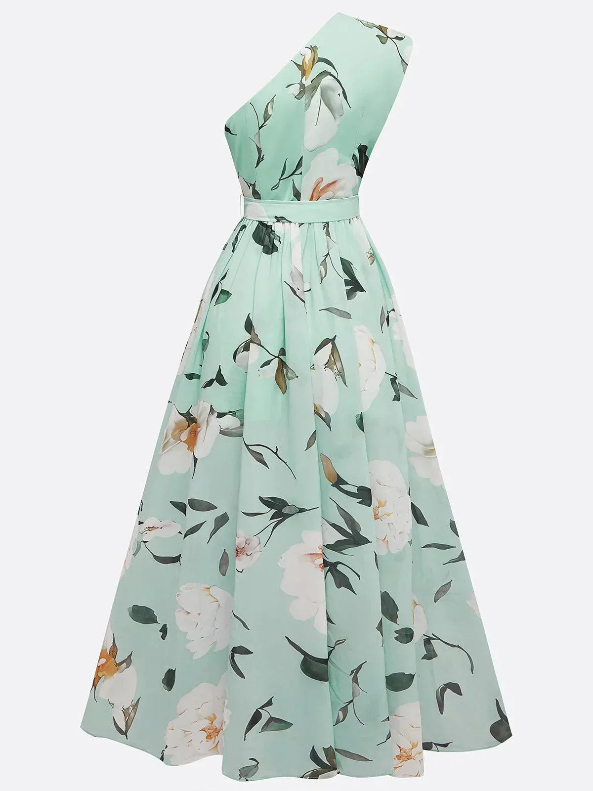 Julie | Hellgrünes Chiffon-Maxikleid mit Blumenmuster und einseitigem Schulterdesign
