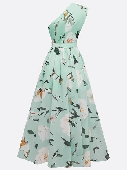 Julie | Hellgrünes Chiffon-Maxikleid mit Blumenmuster und einseitigem Schulterdesign