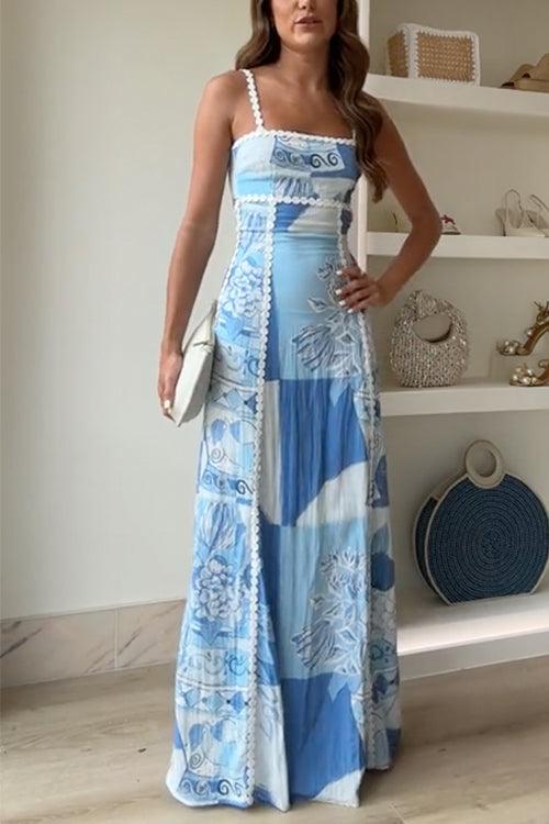 Eleonore | Bedrucktes Maxikleid mit Zickzackband-Trägern und Schleife am Rücken
