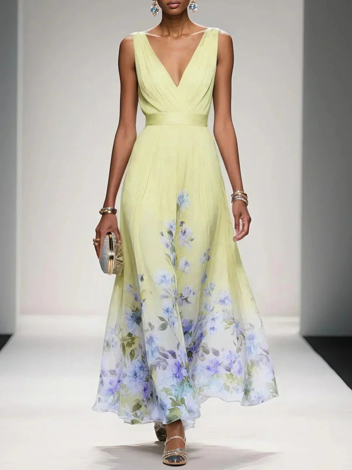 Rose | Hellblaues Chiffon-Maxikleid mit Blumenmuster und V-Ausschnitt