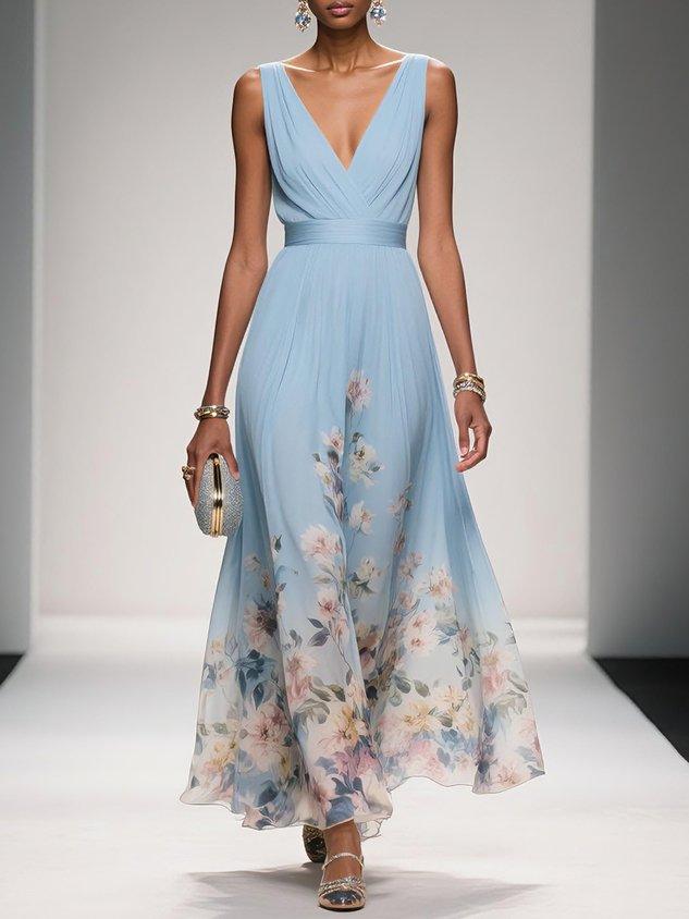 Rose | Hellblaues Chiffon-Maxikleid mit Blumenmuster und V-Ausschnitt