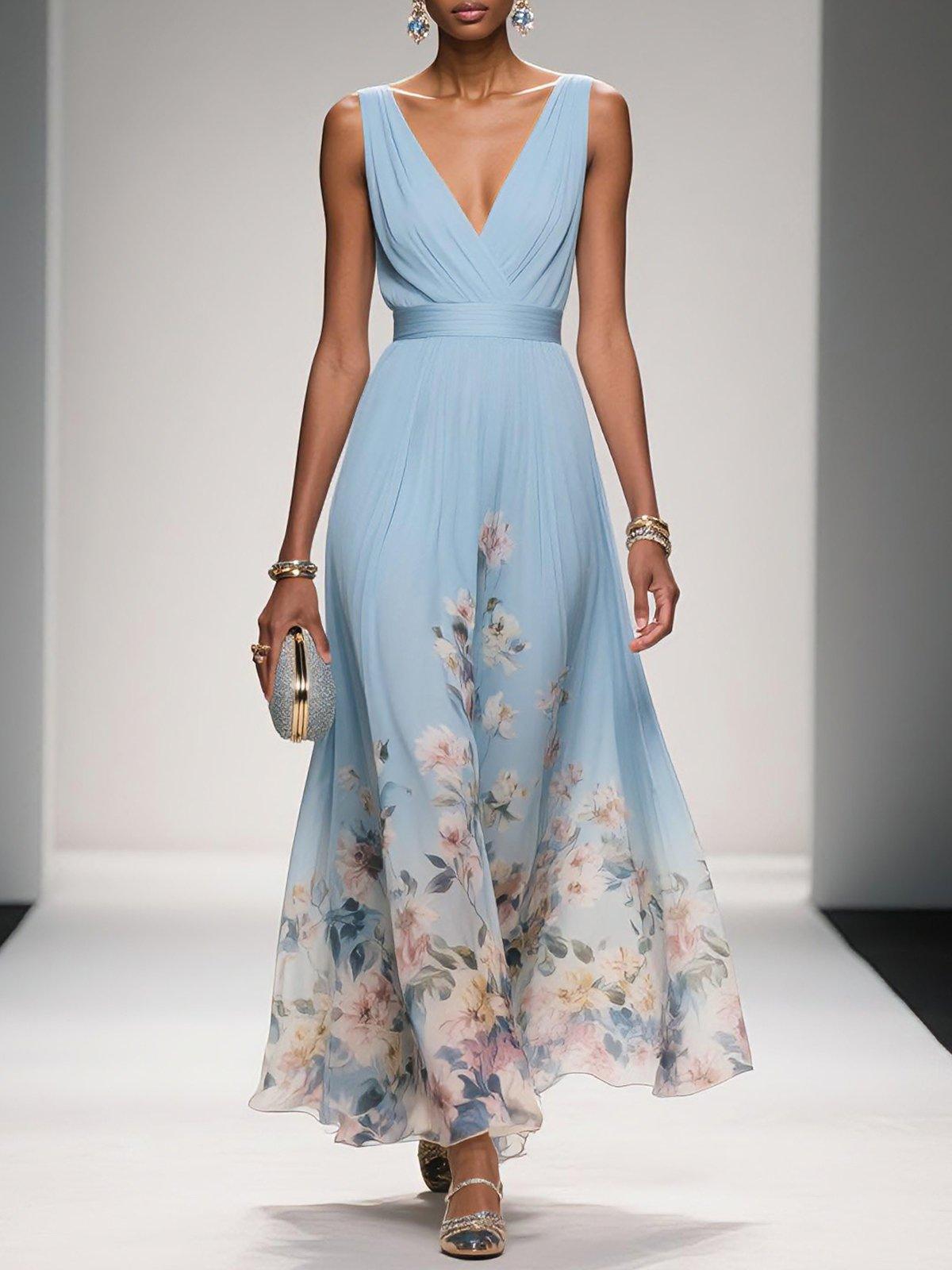 Rose | Hellblaues Chiffon-Maxikleid mit Blumenmuster und V-Ausschnitt