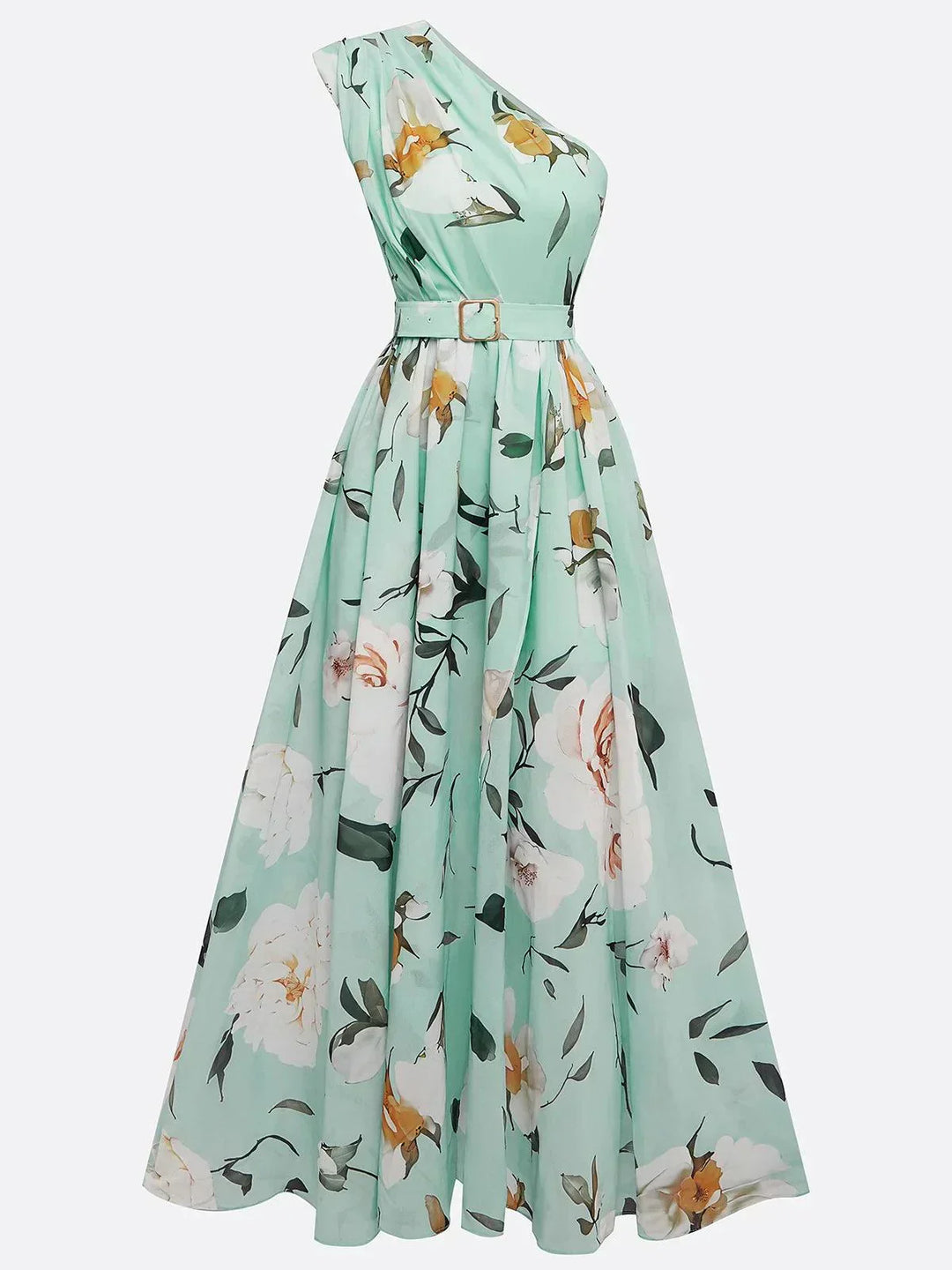 Julie | Hellgrünes Chiffon-Maxikleid mit Blumenmuster und einseitigem Schulterdesign