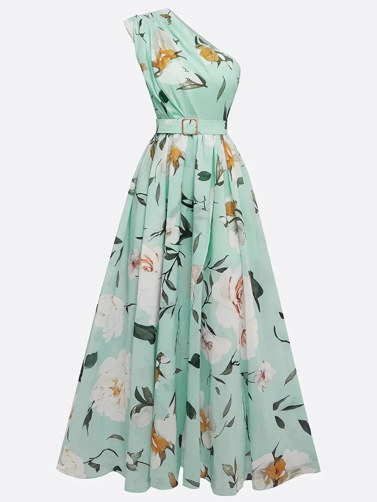 Julie | Hellgrünes Chiffon-Maxikleid mit Blumenmuster und einseitigem Schulterdesign