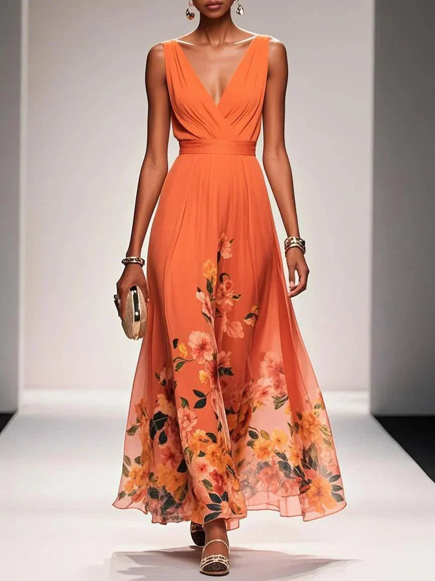 Rose | Hellblaues Chiffon-Maxikleid mit Blumenmuster und V-Ausschnitt