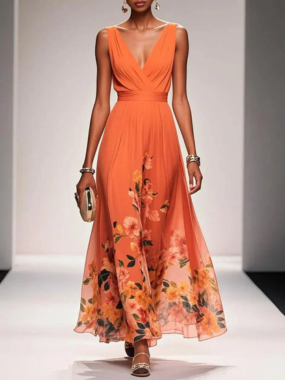 Rose | Hellblaues Chiffon-Maxikleid mit Blumenmuster und V-Ausschnitt