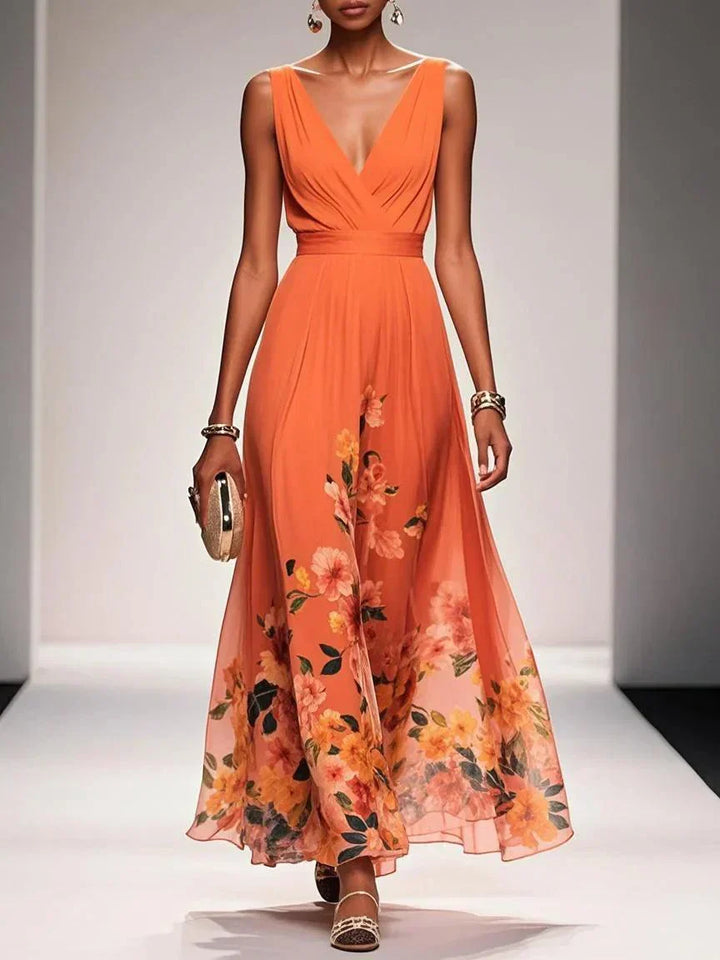 Rose | Hellblaues Chiffon-Maxikleid mit Blumenmuster und V-Ausschnitt