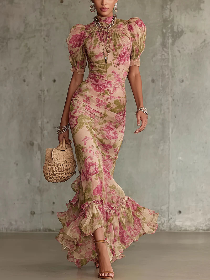 Mae | Maxikleid mit nostalgischem Rosenmuster und Puffärmeln
