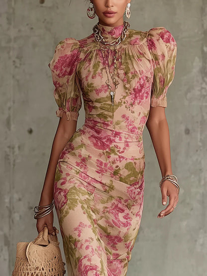 Mae | Maxikleid mit nostalgischem Rosenmuster und Puffärmeln