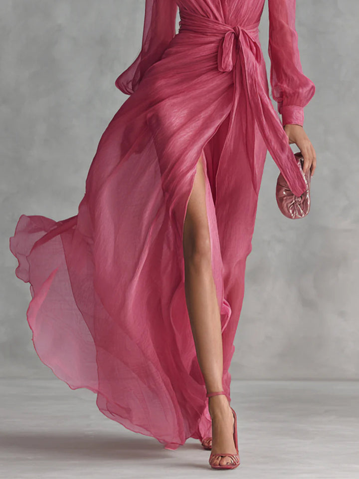 Beatrice | Elegantes Langkleid aus Chiffon mit V-Ausschnitt und Taillengürtel