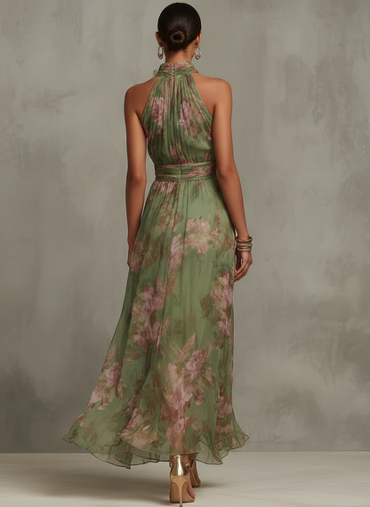 Florenz | Grünes Chiffon-Maxikleid mit floralem Halterdesign