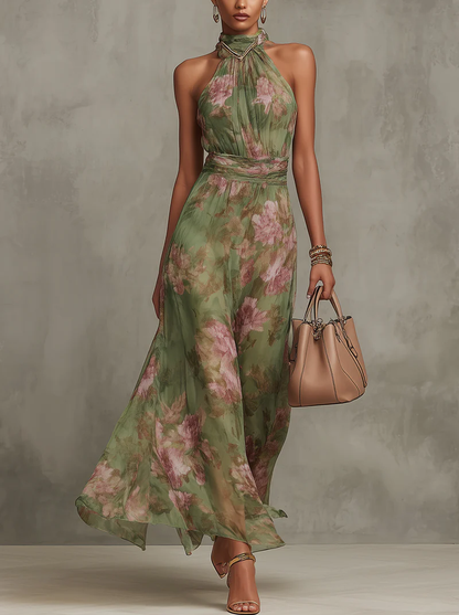Florenz | Grünes Chiffon-Maxikleid mit floralem Halterdesign