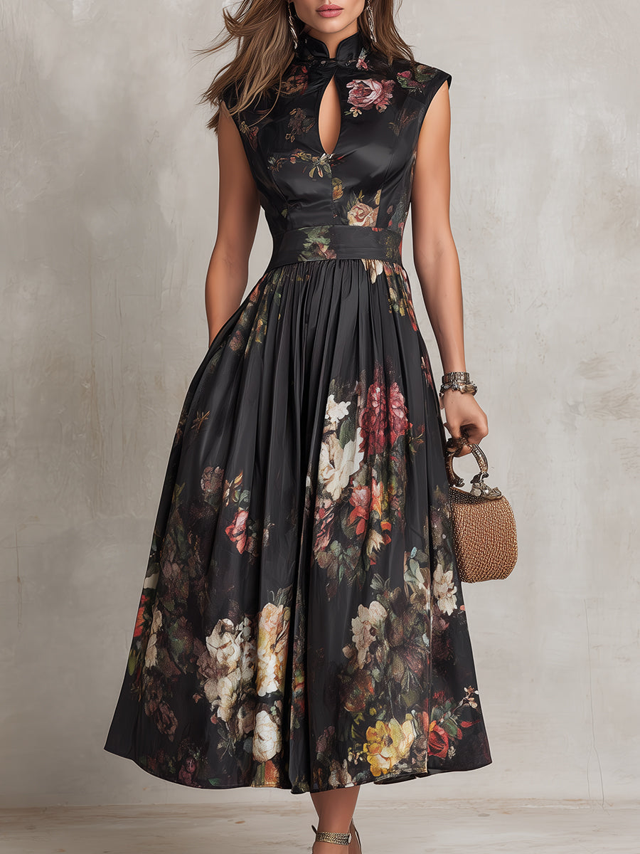 Patricia | Schwarzes Satin-Midikleid mit Falten und Blumenmuster