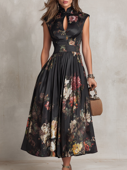 Patricia | Schwarzes Satin-Midikleid mit Falten und Blumenmuster