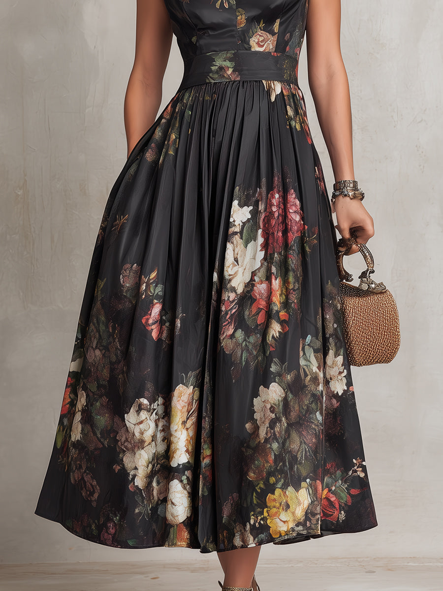 Patricia | Schwarzes Satin-Midikleid mit Falten und Blumenmuster
