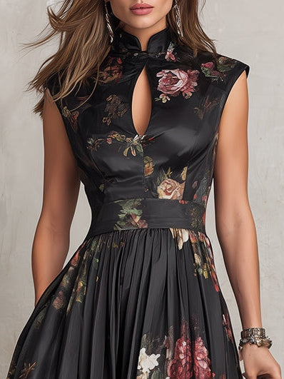 Patricia | Schwarzes Satin-Midikleid mit Falten und Blumenmuster