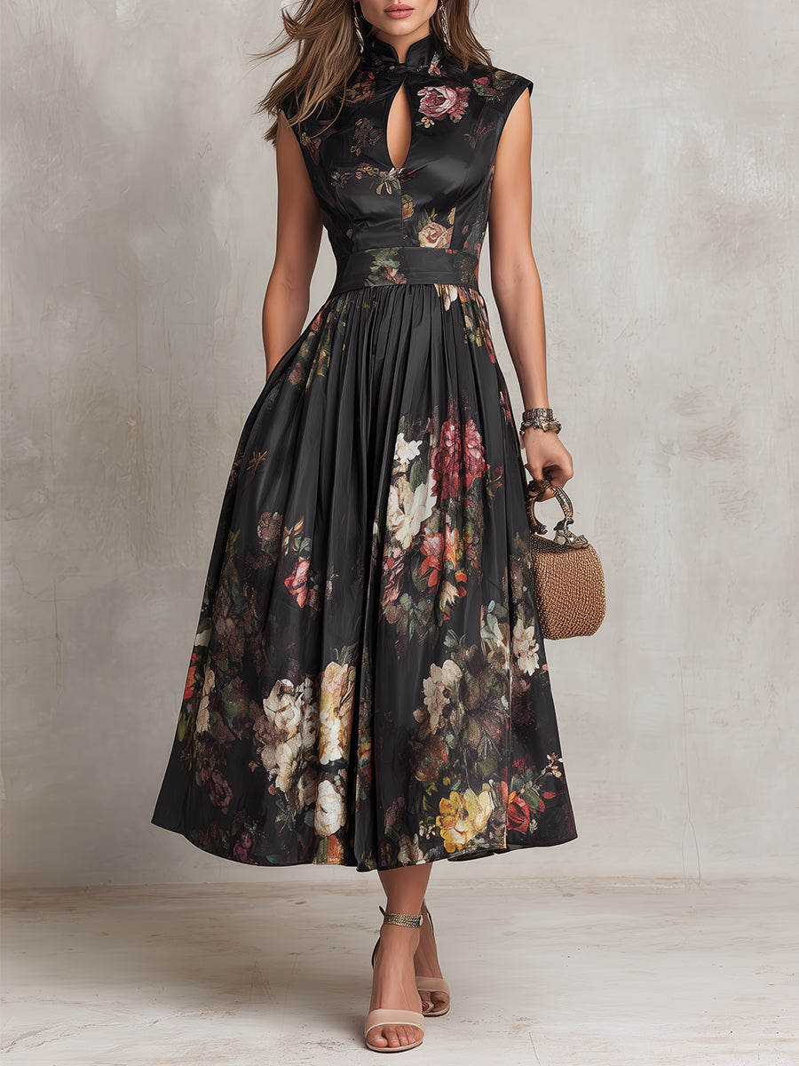 Patricia | Schwarzes Satin-Midikleid mit Falten und Blumenmuster