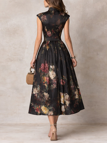 Patricia | Schwarzes Satin-Midikleid mit Falten und Blumenmuster