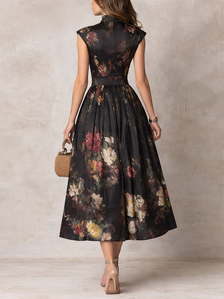 Patricia | Schwarzes Satin-Midikleid mit Falten und Blumenmuster