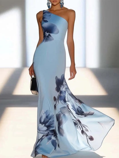Victoria | Satin-Print Off-Shoulder Maxikleid