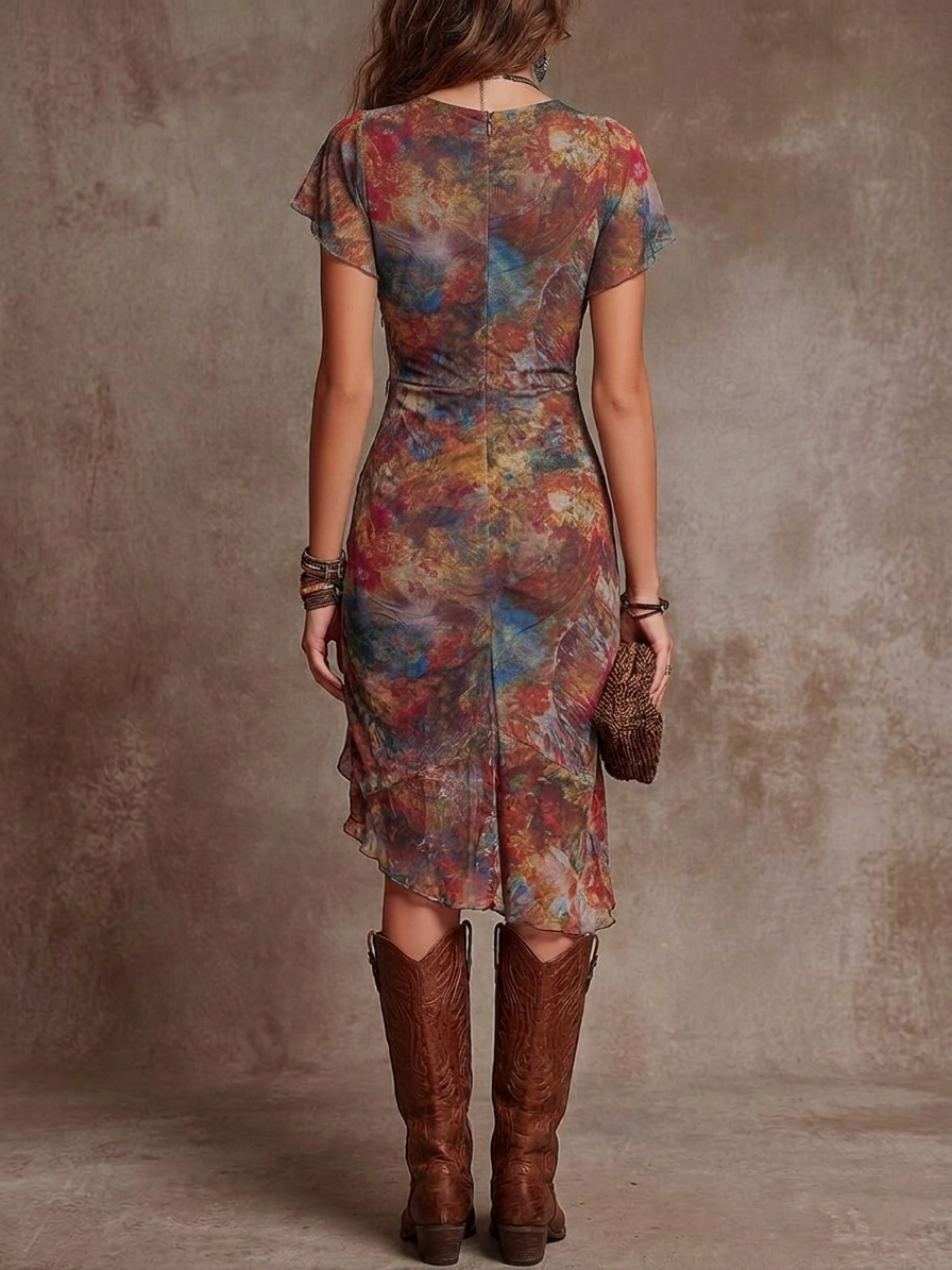 Judy | Boho-Abstract V-Neck Pleated Midi Dress