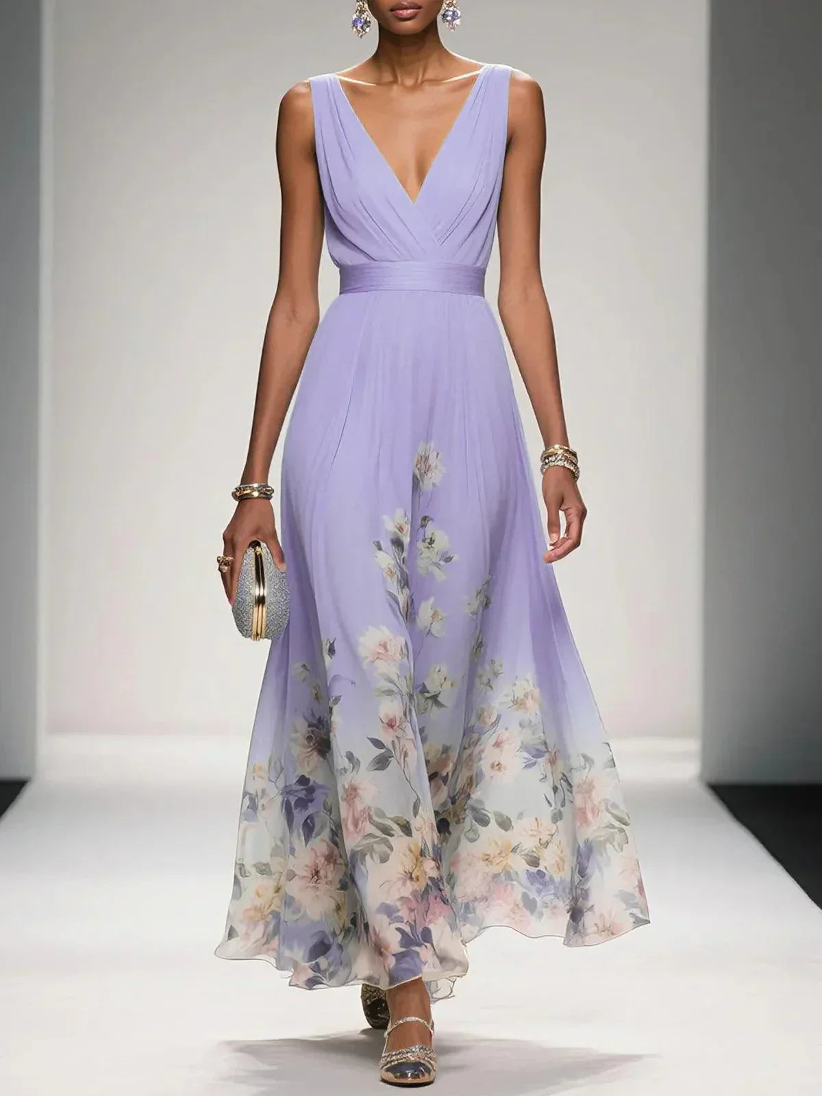 Rose | Hellblaues Chiffon-Maxikleid mit Blumenmuster und V-Ausschnitt