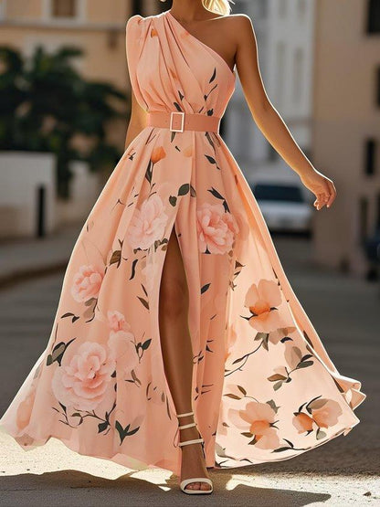 Julie | Hellgrünes Chiffon-Maxikleid mit Blumenmuster und einseitigem Schulterdesign