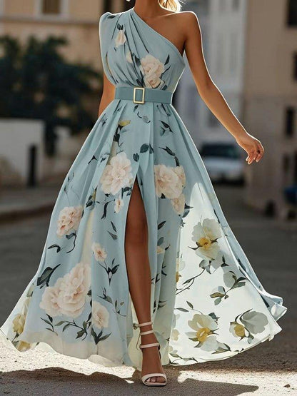 Julie | Hellgrünes Chiffon-Maxikleid mit Blumenmuster und einseitigem Schulterdesign