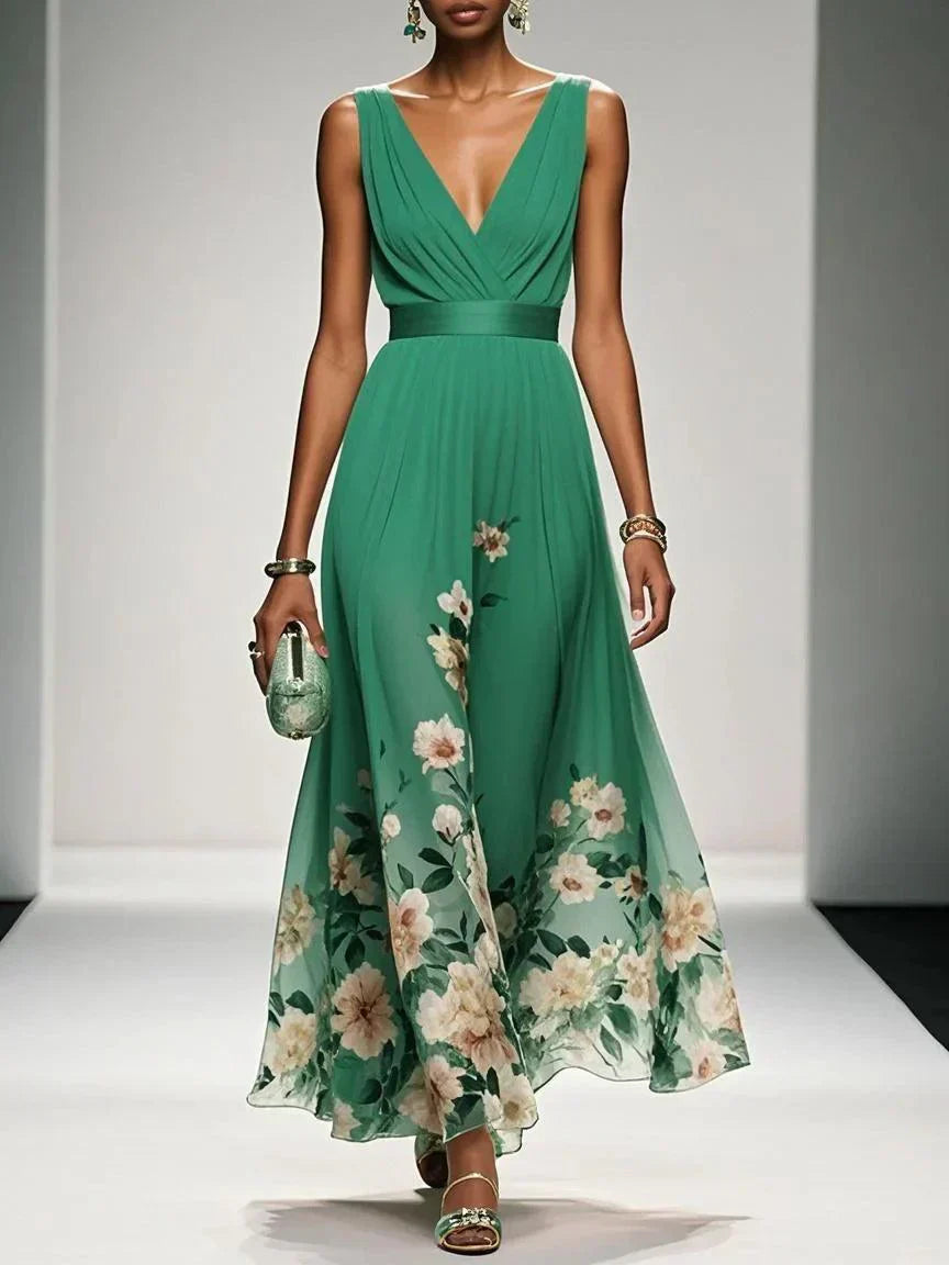 Rose | Hellblaues Chiffon-Maxikleid mit Blumenmuster und V-Ausschnitt