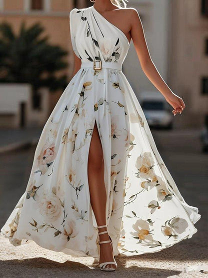 Julie | Hellgrünes Chiffon-Maxikleid mit Blumenmuster und einseitigem Schulterdesign