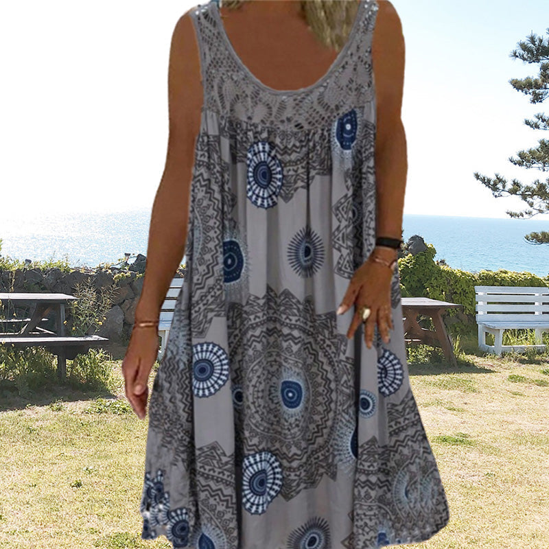 Breezia™ – Damen Ärmelloses Sommerkleid mit Print und Spitzenakzenten
