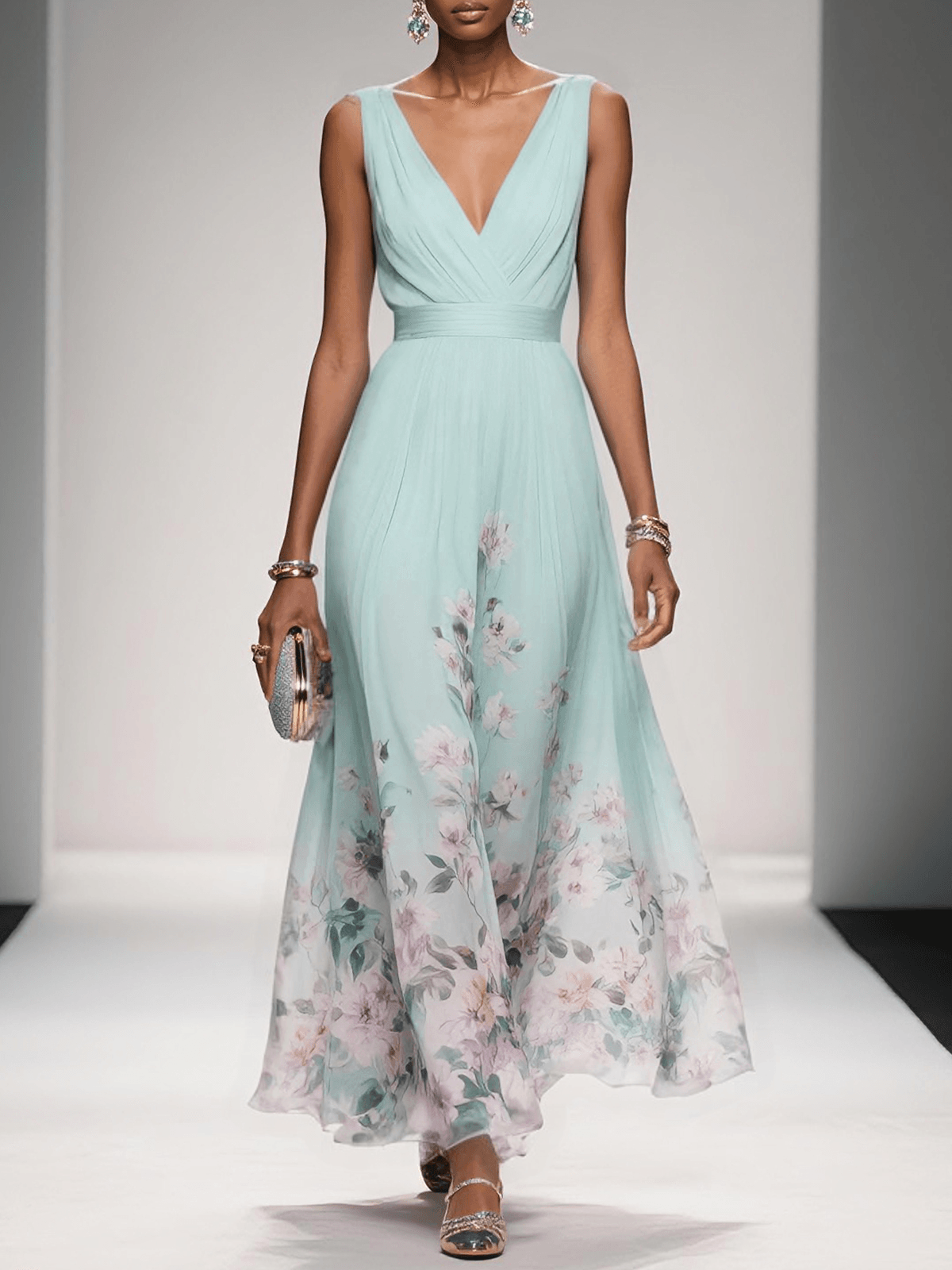 Rose | Hellblaues Chiffon-Maxikleid mit Blumenmuster und V-Ausschnitt