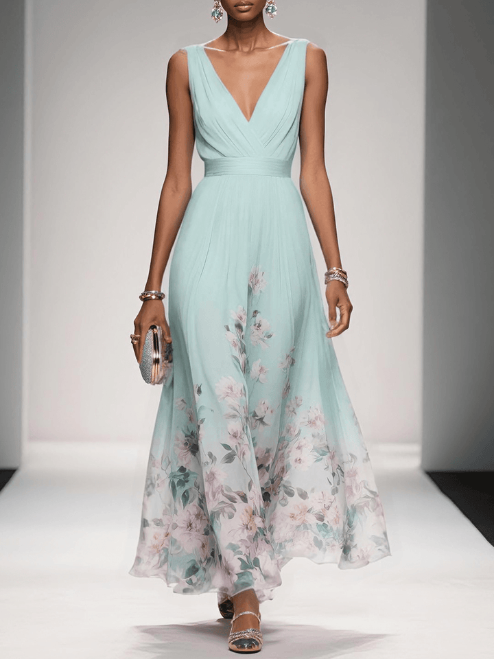 Rose | Hellblaues Chiffon-Maxikleid mit Blumenmuster und V-Ausschnitt