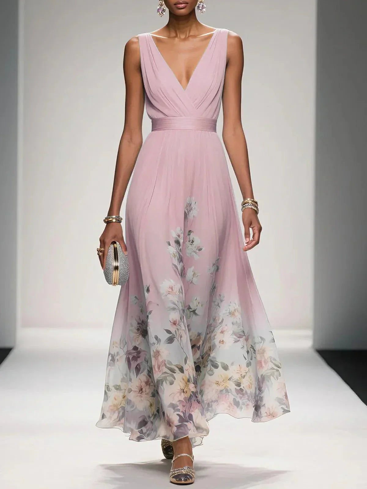 Rose | Hellblaues Chiffon-Maxikleid mit Blumenmuster und V-Ausschnitt
