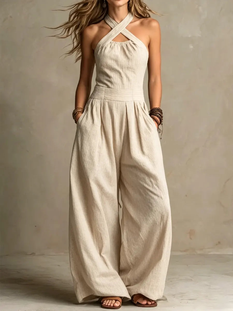 Savenora | Elegante Jumpsuit aus Leinen und Baumwolle mit Kreuz-Ausschnitt