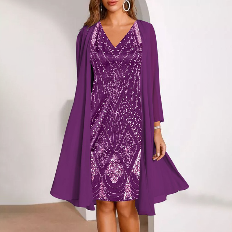 Elvara™ - Damen Zweiteiliges Set mit V-Ausschnitt-Kleid und passendem langen, transparenten Mantel