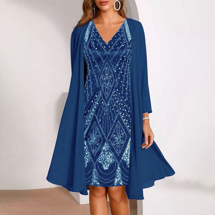 Elvara™ - Damen Zweiteiliges Set mit V-Ausschnitt-Kleid und passendem langen, transparenten Mantel
