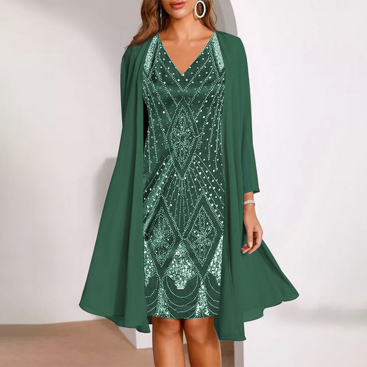 Elvara™ - Damen Zweiteiliges Set mit V-Ausschnitt-Kleid und passendem langen, transparenten Mantel